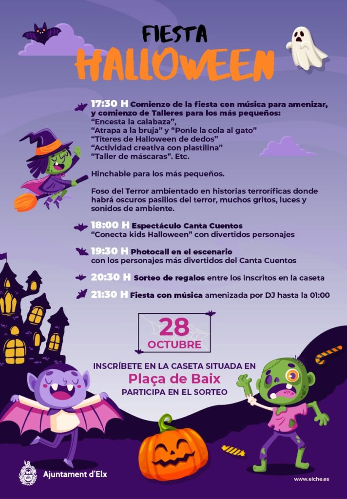 Cartel de actividades de Halloween en la Plaça de Baix Elche el día 28 de octubre