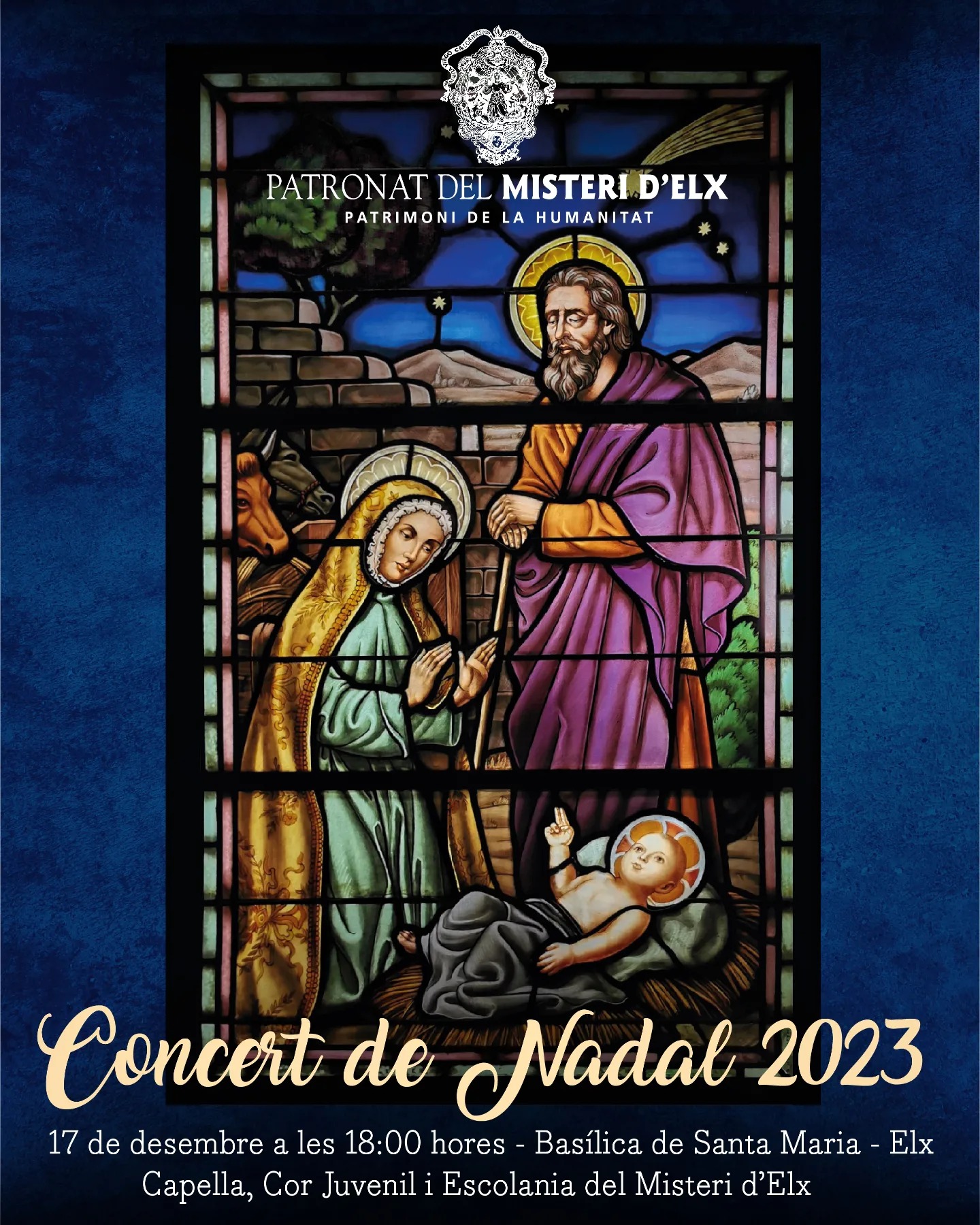 Cartel del Concierto de Navidad de la Capella, Coro Juvenil y Misteri d'Elx en la Basílica de Santa María Elche